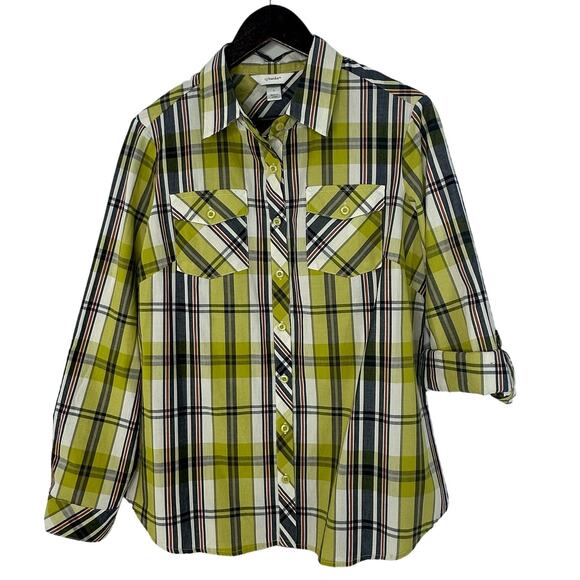 CJ Banks Green Plaid Casual Button Up Shirt Size X (14W) Everyday Normcore Basic - Picture 1 of 3